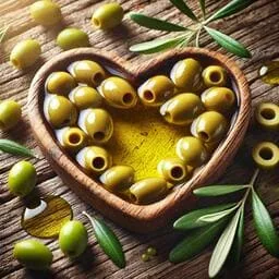 Olive Oil Heart Health Benefits: A Heart-Friendly Superfood Heart-shaped bowl of olive oil surrounded by olives and fresh herbs, showcasing olive oil heart health benefits.