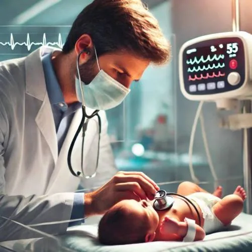 A pediatric cardiologist examining a newborn in the NICU with a heart monitor in the background, demonstrating specialized care for heart health.