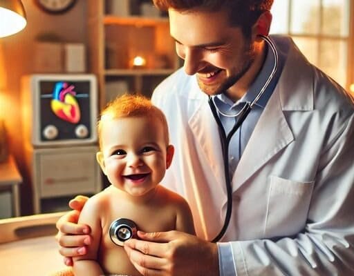 Long-term Care for Babies with Heart Conditions Pediatric cardiologist examining a smiling baby in a clinic, representing long-term care for babies with heart conditions