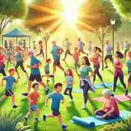Diverse group of people of all ages exercising for overall well-being in a park, including children running, adults jogging, and seniors practicing yoga.