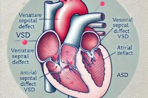 etailed illustration of a newborn’s heart labeled with common congenital heart defects, including Ventricular Septal Defect (VSD) and Atrial Septal Defect (ASD).