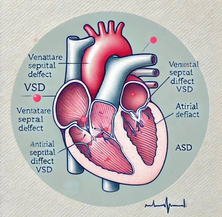 etailed illustration of a newborn’s heart labeled with common congenital heart defects, including Ventricular Septal Defect (VSD) and Atrial Septal Defect (ASD).