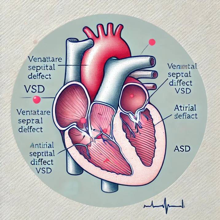 etailed illustration of a newborn’s heart labeled with common congenital heart defects, including Ventricular Septal Defect (VSD) and Atrial Septal Defect (ASD).