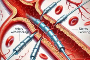 Diagram illustrating how stents are placed in an artery to restore blood flow.