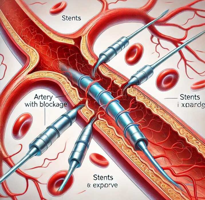 Diagram illustrating how stents are placed in an artery to restore blood flow.