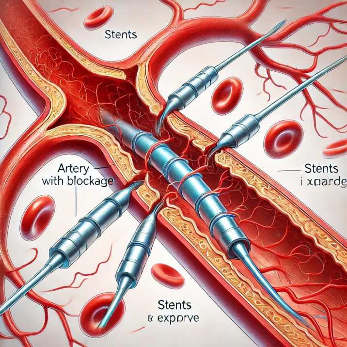 Diagram illustrating how stents are placed in an artery to restore blood flow.