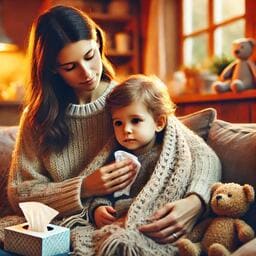 A mother gently comforting her young child wrapped in a blanket on a sofa in a warm, cozy living room. The child appears slightly unwell, holding a tissue, as the mother provides reassurance. Soft toys nearby create a soothing atmosphere, reflecting the care needed for common pediatric illnesses.