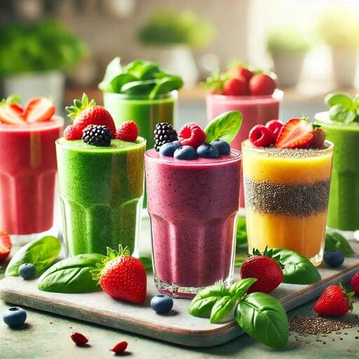 Colorful glasses of heart-healthy smoothies with ingredients like berries, spinach, and avocado