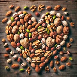 Nuts for Heart Health: Surprising Benefits You Need to Know Heart-shaped arrangement of various nuts on a rustic surface, highlighting the heart health benefits of nuts.