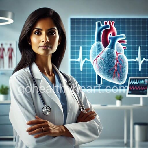 Indian female doctor explaining chest pain symptoms in women, showing anatomical heart diagram highlighting warning signs for heart attacks in women