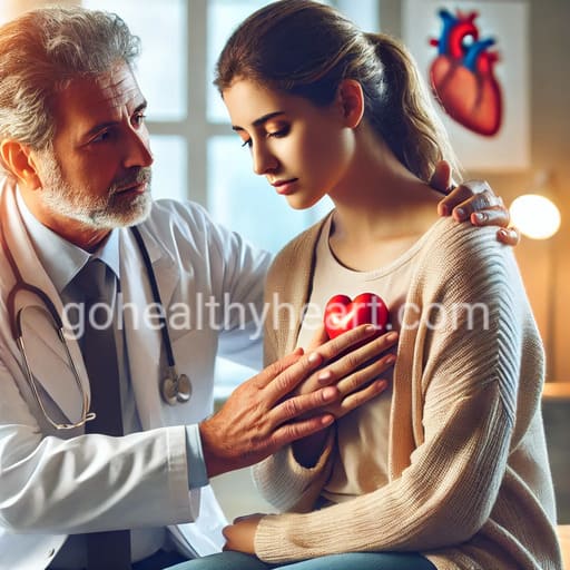 Doctor comforting a heart patient in a clinic, offering support for coping with a heart disease diagnosis.