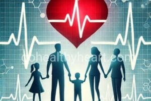 Illustration of a family silhouette holding hands in front of a medical EKG graph with a red heart, symbolizing the connection between family history and heart disease.