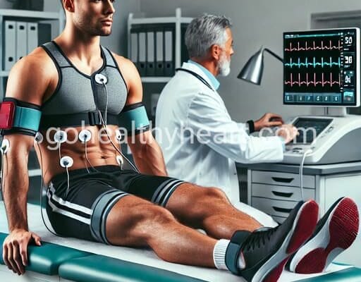 Athlete’s Heart Syndrome: Causes, Symptoms and Solutions A professional athlete undergoing an ECG test in a modern medical facility with electrodes on their chest and a healthcare professional monitoring the results for athletes heart syndrome.