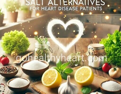 Top Salt Alternatives for Heart Disease Patients (2025) Healthy salt alternatives for heart disease patients, featuring lemons, herbs, garlic, and low-sodium salt blends on a wooden table.