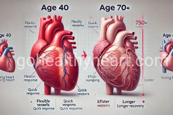 Normal Heart Aging Changes: What’s Expected vs. Concerning Signs (2025 Guide) Medical illustration comparing a young heart (age 40) and an aging heart (age 70+). The diagram highlights anatomical differences such as thicker walls, stiffer vessels, and enlarged chambers in the aging heart versus flexible vessels and efficient pumping in the young heart, labeled 'Normal Heart Aging Changes.
