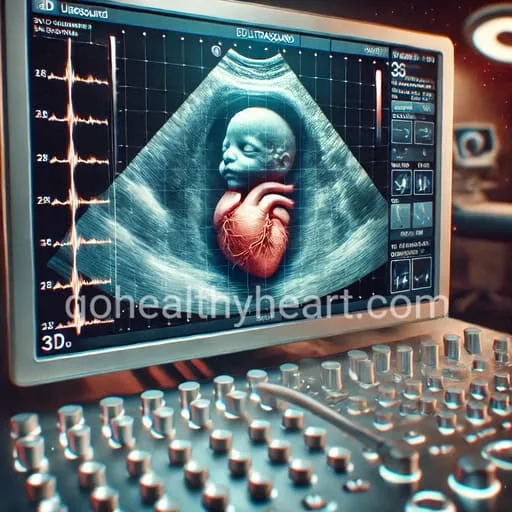 3D fetal ultrasound image for prenatal heart diagnosis, highlighting fetal heart chambers and blood vessels with advanced diagnostic technology.