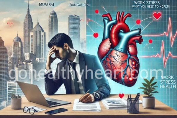 Work Stress and Heart Disease: A Complete Guide for Indian Professionals (2025) Split image showing work stress effects on heart disease: stressed Indian professional and anatomical heart illustration
