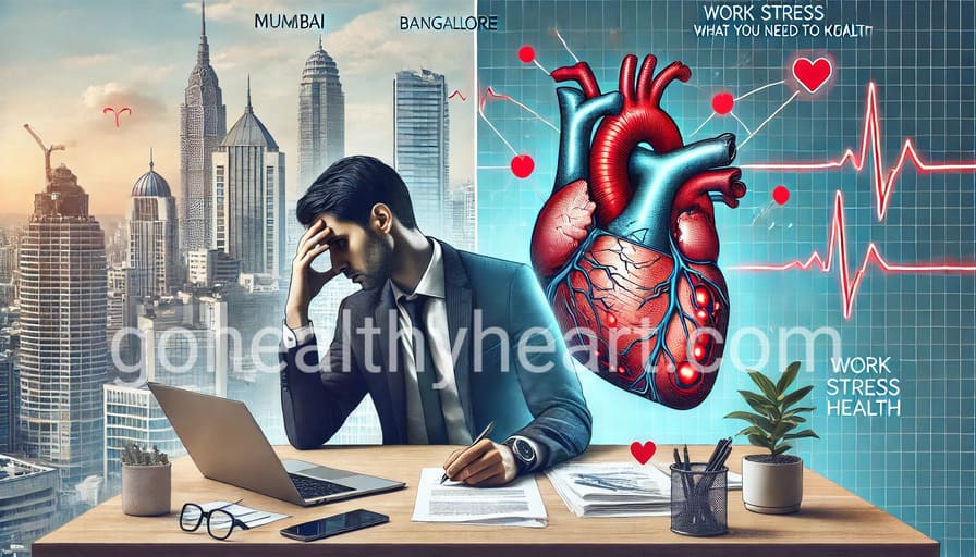 Split image showing work stress effects on heart disease: stressed Indian professional and anatomical heart illustration