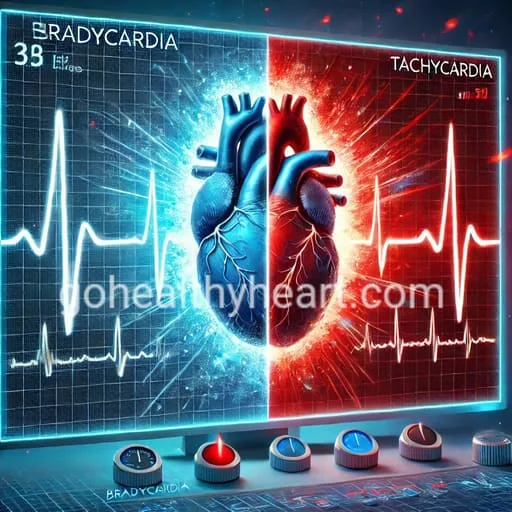 A digital ECG graph showing bradycardia (slow heartbeat) and tachycardia (fast heartbeat) for heart rhythm comparison.