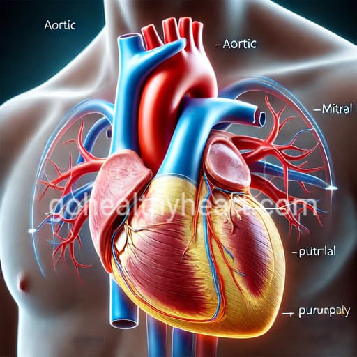 Medical illustration of a human heart highlighting the locations of the four heart valves— aortic, mitral, pulmonary, and tricuspid—related to heart valve problems.