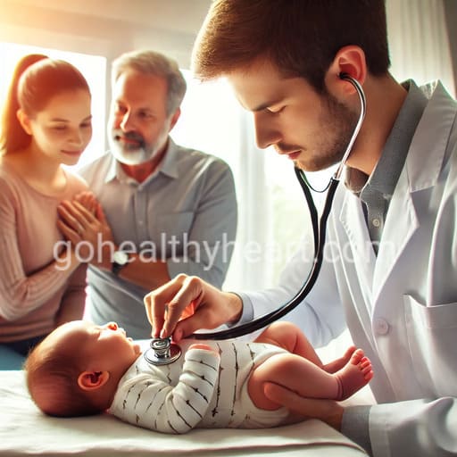 A pediatric cardiologist using a stethoscope to check a newborn’s heart for signs of Patent Ductus Arteriosus, with concerned parents observing in a medical office.