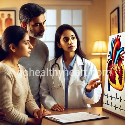 A pediatric cardiologist explaining an Atrial Septal Defects in children to concerned parents in a medical consultation room.