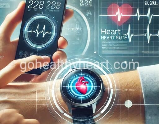 Digital Tools for Heart Disease Prevention That Work A modern smartwatch displaying heart rate and ECG readings, with a person checking the data on a smartphone. The background features a futuristic digital health interface, showcasing digital tools for heart disease prevention.