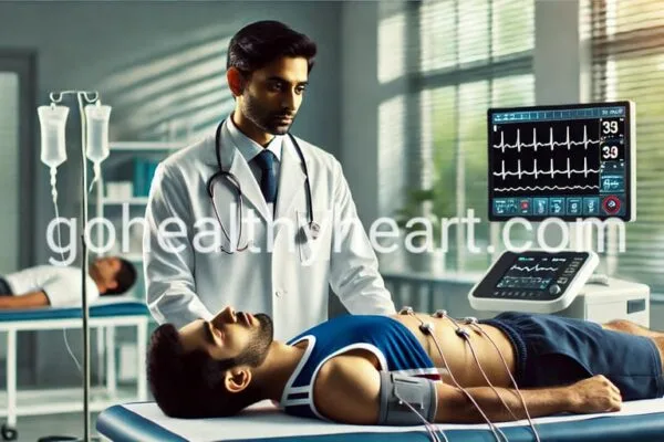 Sudden Cardiac Arrest in Sports: Life-Saving Guide for Athletes Doctor performing cardiac screening to prevent sudden cardiac arrest in sports on young athlete using ECG machine