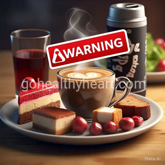 A plate with coffee, energy drinks, sugary desserts, and processed food overlaid with a red warning sign, highlighting foods causing heart palpitations.