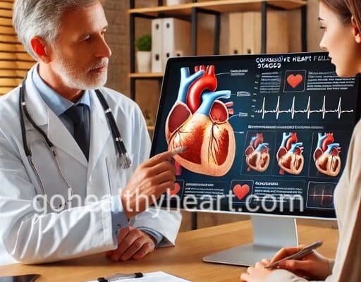 Stages of Congestive Heart Failure: Know the Warning Signs! A cardiologist explaining the stages of congestive heart failure to a patient using a heart model and a digital screen.