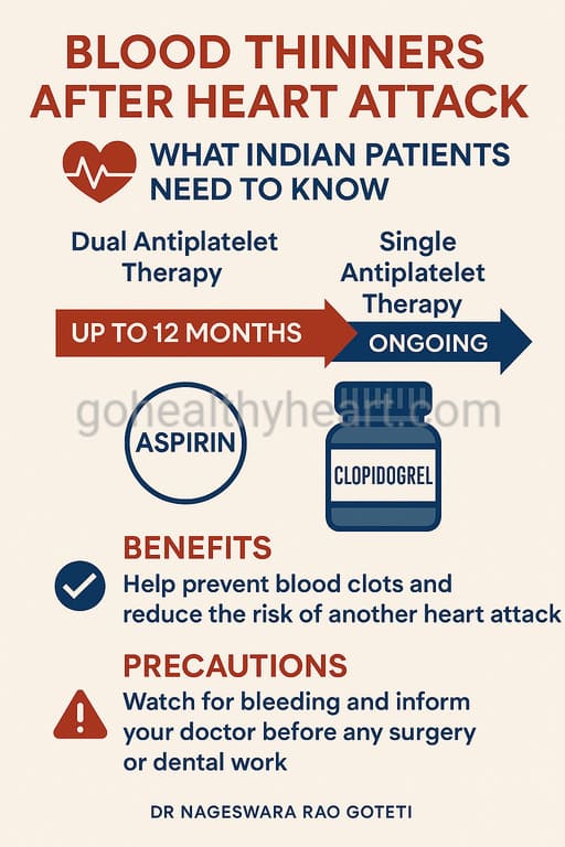 Infographic explaining blood thinners after heart attack for Indian patients