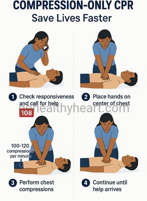Step-by-step infographic showing proper Compression-Only CPR technique with hand placement and compression rate