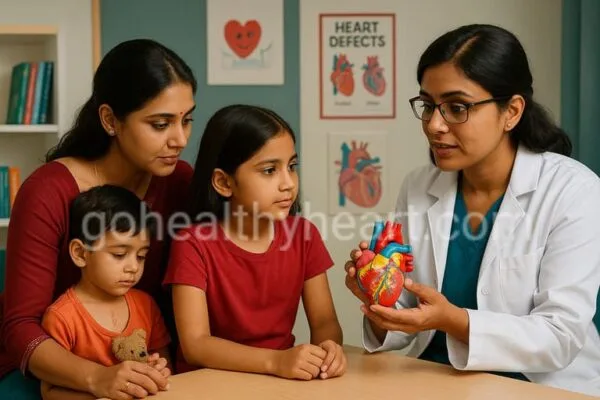 Heart Defects and Siblings: The Guide Indian Parents Need Now Doctor explaining heart defects and siblings' support roles using anatomical model with family