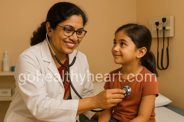 Pediatrician checking a child's heartbeat for heart murmurs