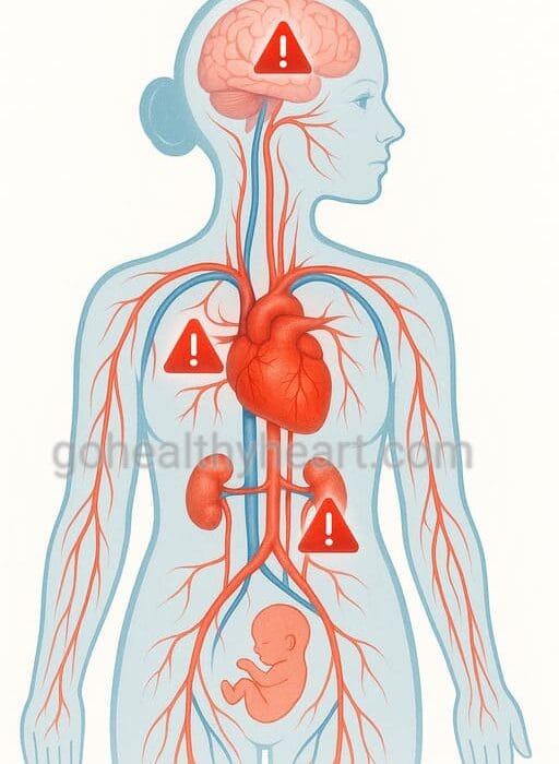 Female body diagram showing hypertension risks for women affecting multiple organs including heart, brain, and kidneys