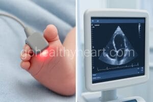 Common heart tests for newborns showing pulse oximetry sensor on baby foot and echocardiogram screen displaying heart ultrasound
