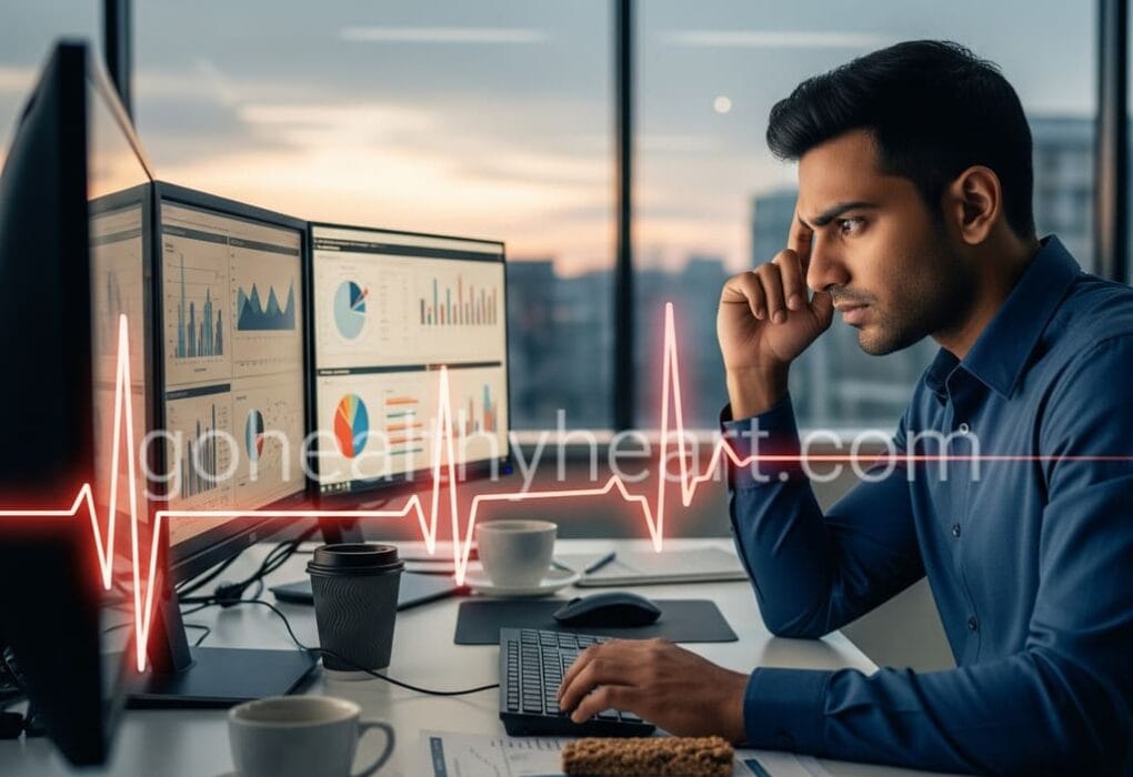 Young Indian professional experiencing job strain and heart disease risk while working late at office desk