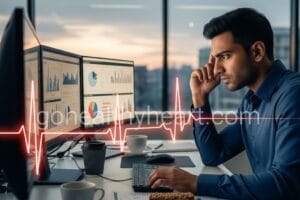 Young Indian professional experiencing job strain and heart disease risk while working late at office desk