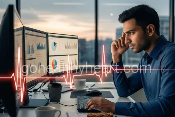 Job Strain and Heart Disease: A Growing Threat in Indian Workplaces Young Indian professional experiencing job strain and heart disease risk while working late at office desk