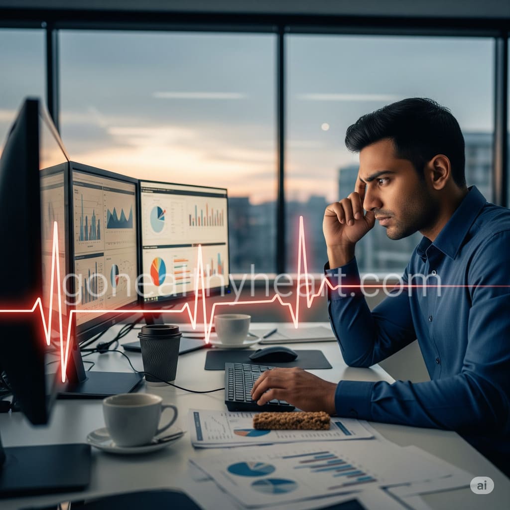Young Indian professional experiencing job strain and heart disease risk while working late at office desk