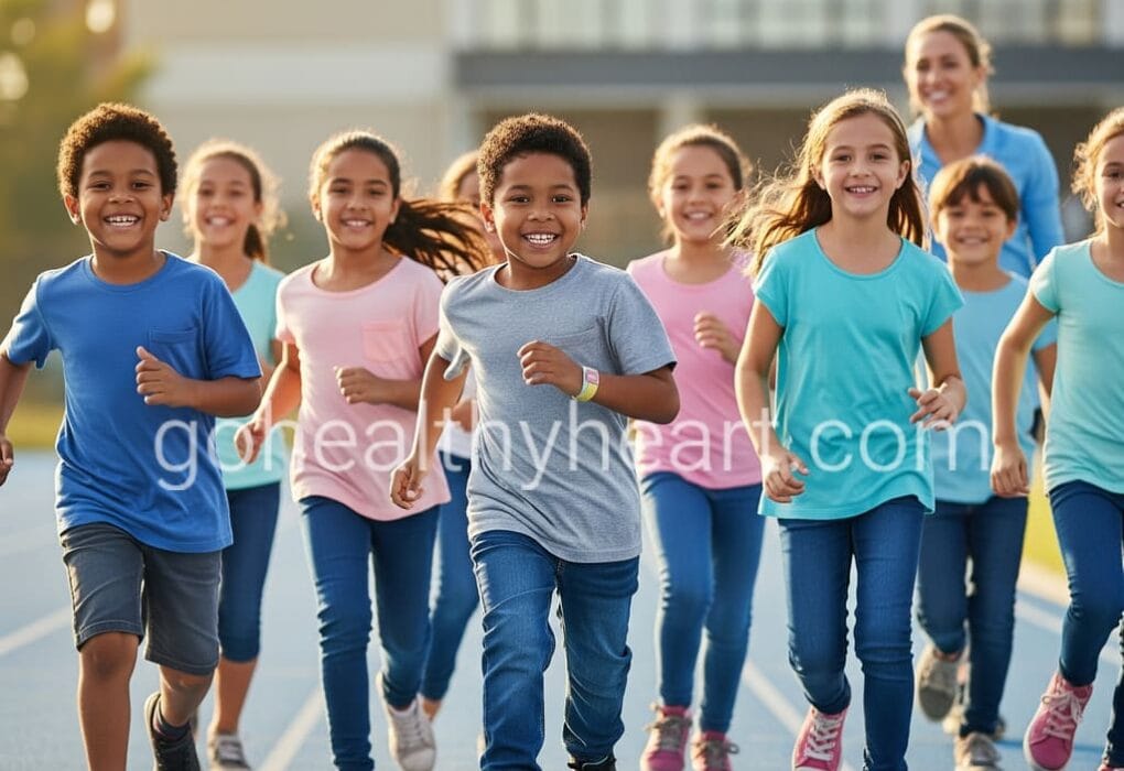 Children with heart conditions PE participation showing diverse kids running together on school track during physical education class
