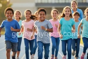 Children with heart conditions PE participation showing diverse kids running together on school track during physical education class