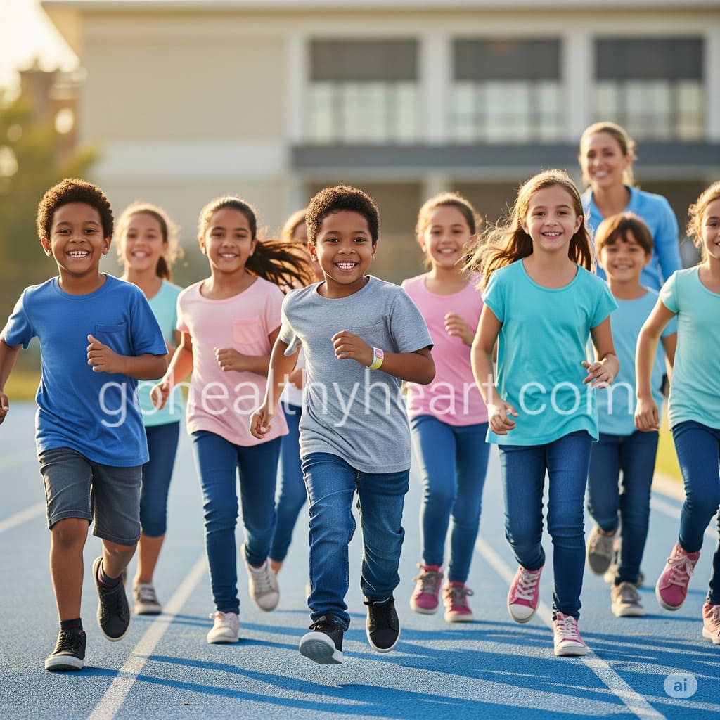 Children with heart conditions PE participation showing diverse kids running together on school track during physical education class